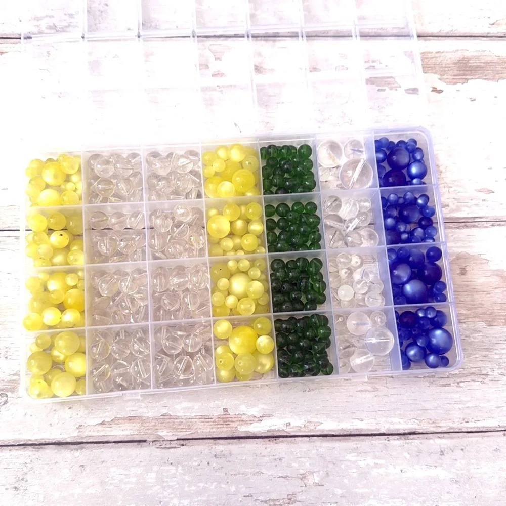 Glass Beads Bundle Round Sphere Beads Yellow e Clear Emerald Green Blue 300+ Ct